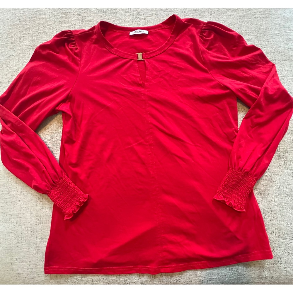 Fashion Red Keyhole Blouse Gold Hardware Smocked Cuff Puff Sleeve Top Large